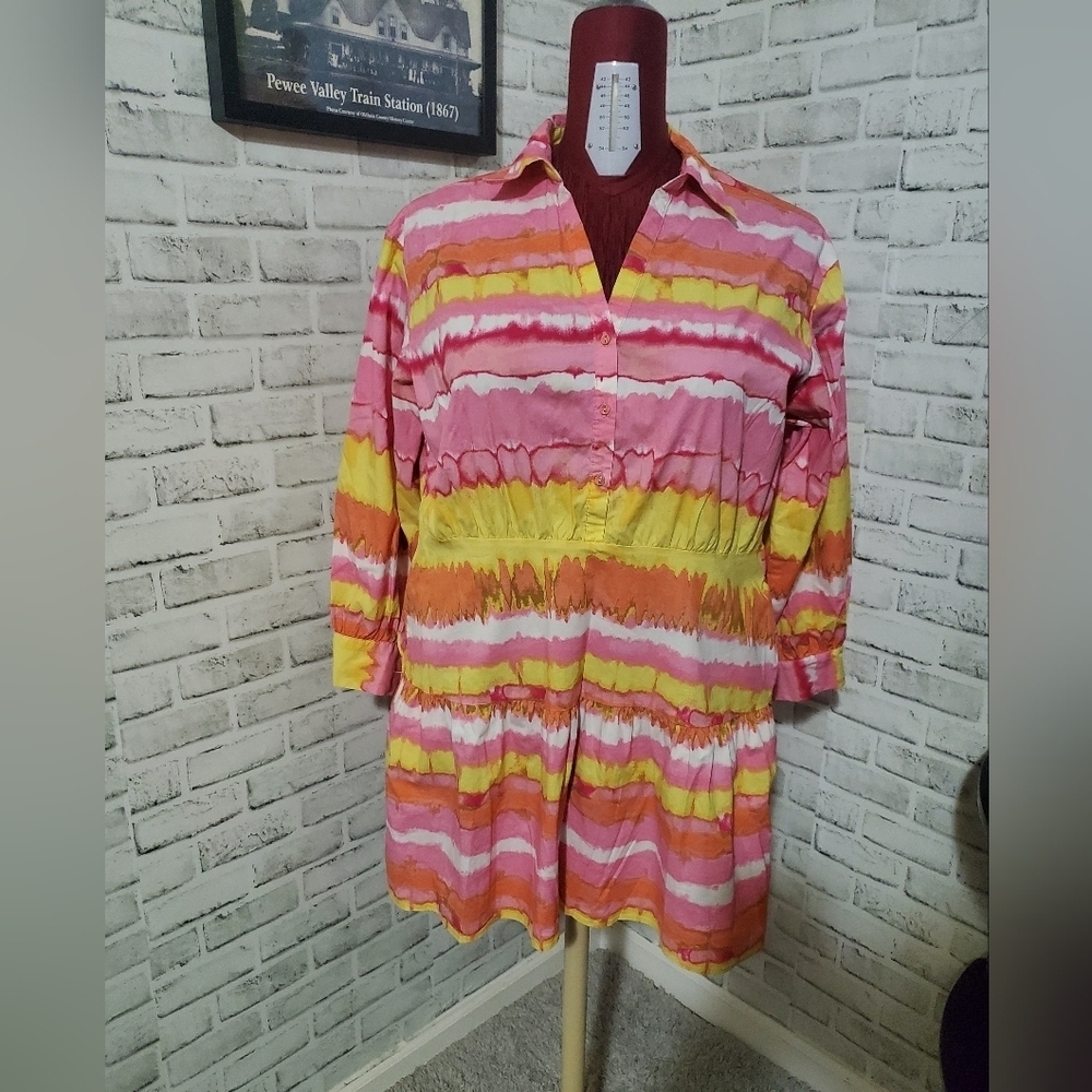 Scoop Collar Multicolor Shirt Dress with Long Sleeves. XL